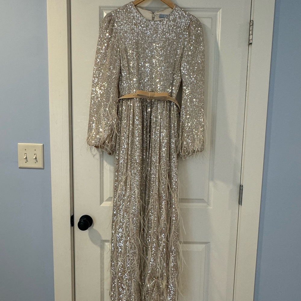 Nicola bathie for Antonio melani sequin and feather LS maxi dress